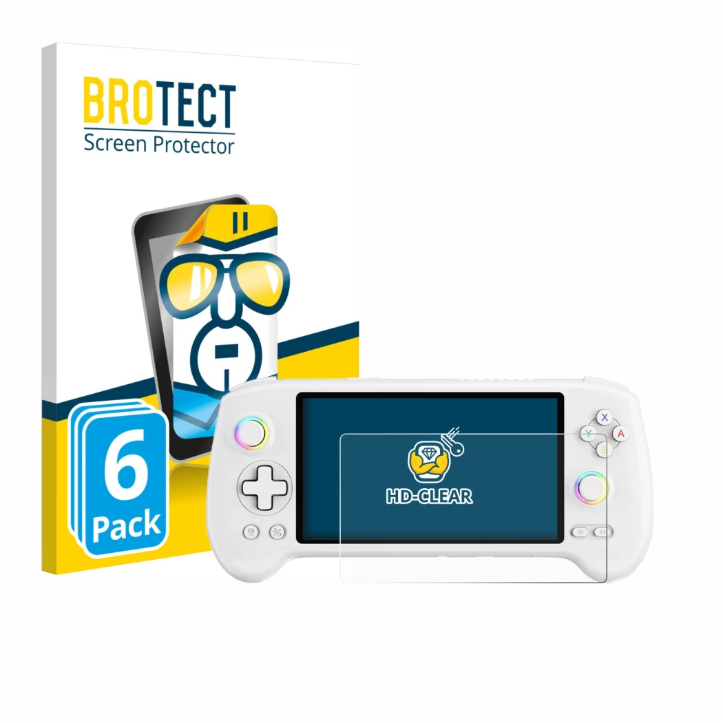 Vorderseite einer Produktverpackung mit dem Markenlogo BROTECT. Daneben ist das Gerät Anbernic RG557 mit dem zugehörigen Displ