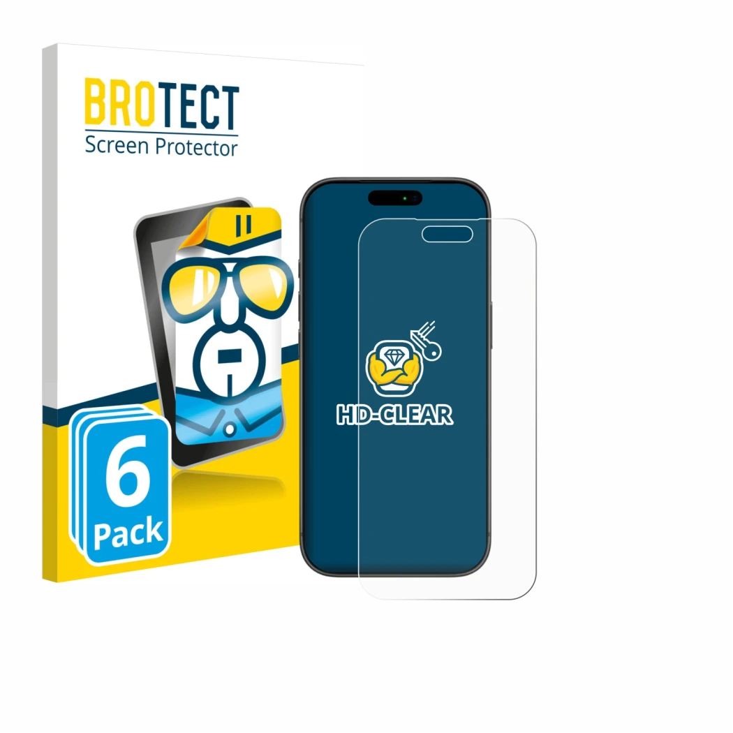 Vorderseite einer Produktverpackung mit dem Markenlogo BROTECT. Daneben ist das Gerät Apple iPhone 17 Pro Max mit dem zugehöri