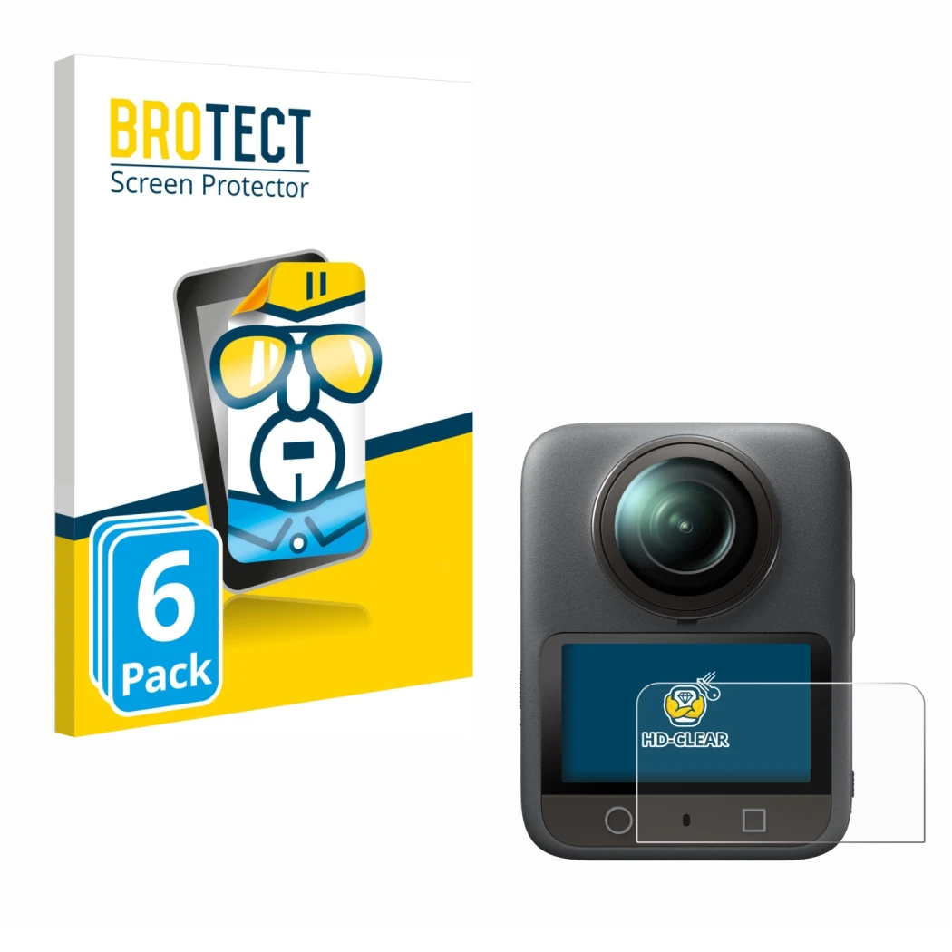 Vorderseite einer Produktverpackung mit dem Markenlogo BROTECT. Daneben ist das Gerät DJI Osmo 360 mit dem zugehörigen Display