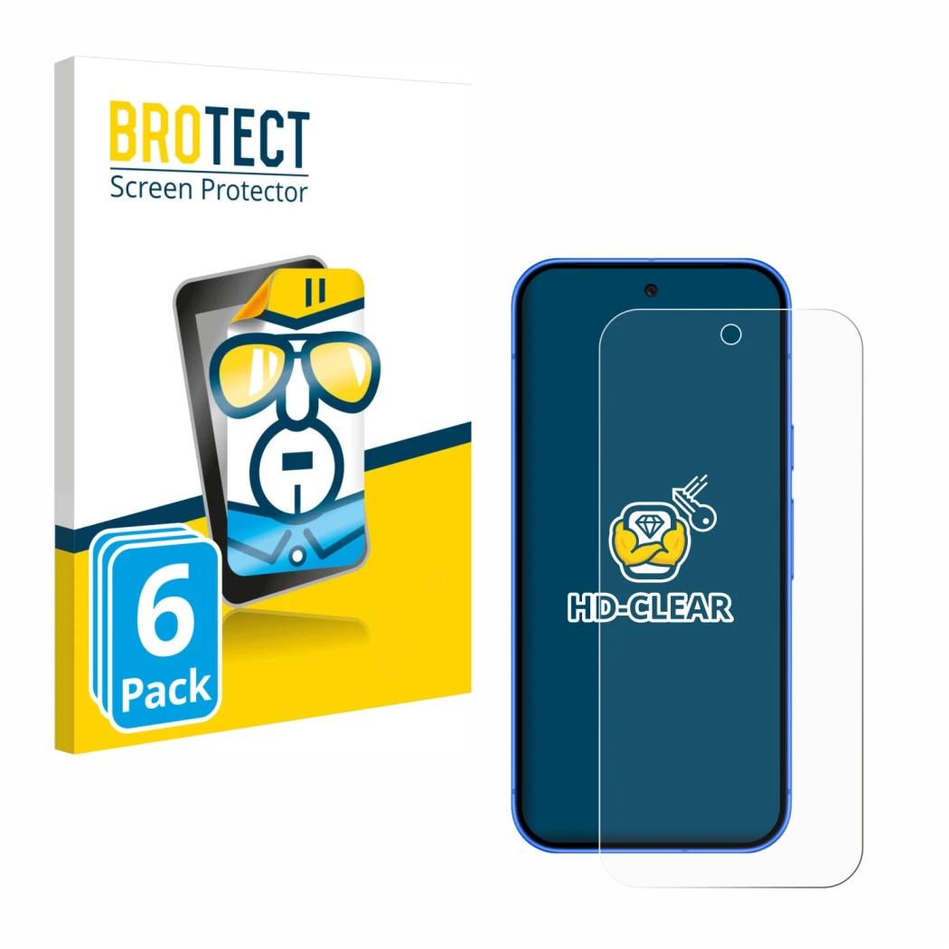 Vorderseite einer Produktverpackung mit dem Markenlogo BROTECT. Daneben ist das Gerät Google Pixel 10 mit dem zugehörigen Disp