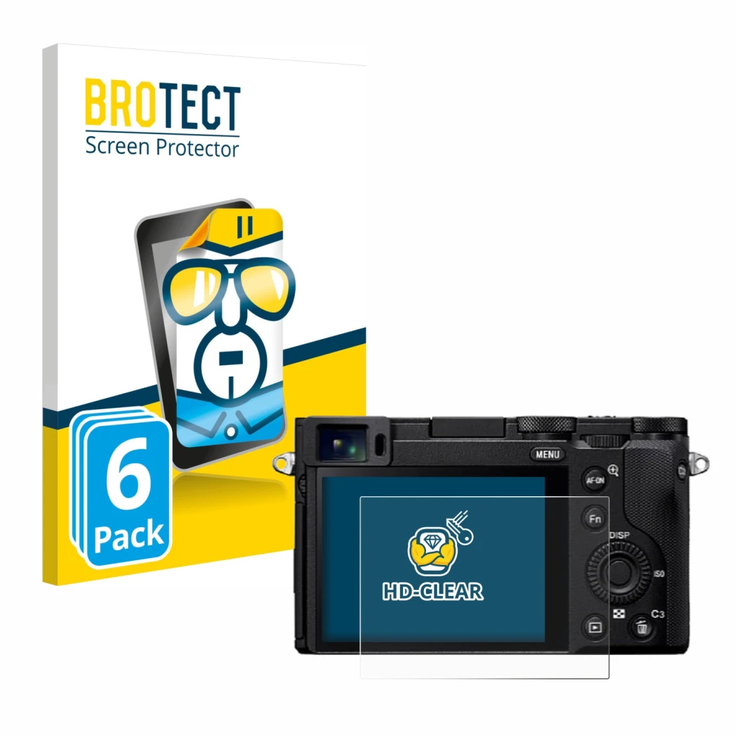 Vorderseite einer Produktverpackung mit dem Markenlogo BROTECT. Daneben ist das Gerät Sony RX1R III mit dem zugehörigen Displa