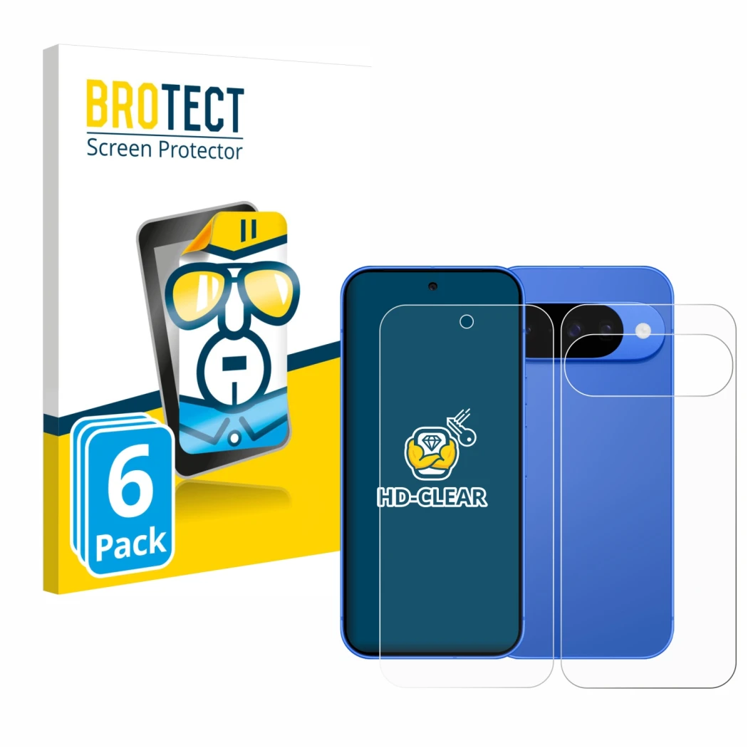 Vorderseite einer Produktverpackung mit dem Markenlogo BROTECT. Daneben ist das Gerät Google Pixel 10 (Display+Rückseite) mit 