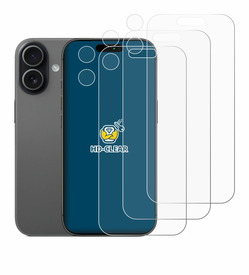 Abbildung des Geräts Apple iPhone 17 (Display+Kamera) mit einer Vielzahl des Displayschutzes.