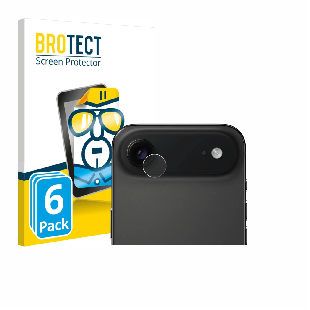 Vorderseite einer Produktverpackung mit dem Markenlogo BROTECT. Daneben ist das Gerät Apple iPhone Air (NUR Kameraschutz) mit