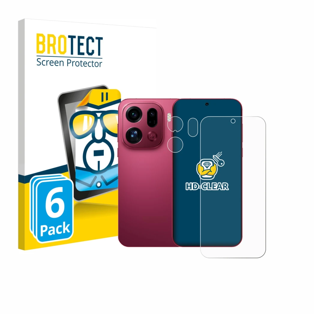 Vorderseite einer Produktverpackung mit dem Markenlogo BROTECT. Daneben ist das Gerät Oppo Find X9 Pro (Display+Kamera) mit de