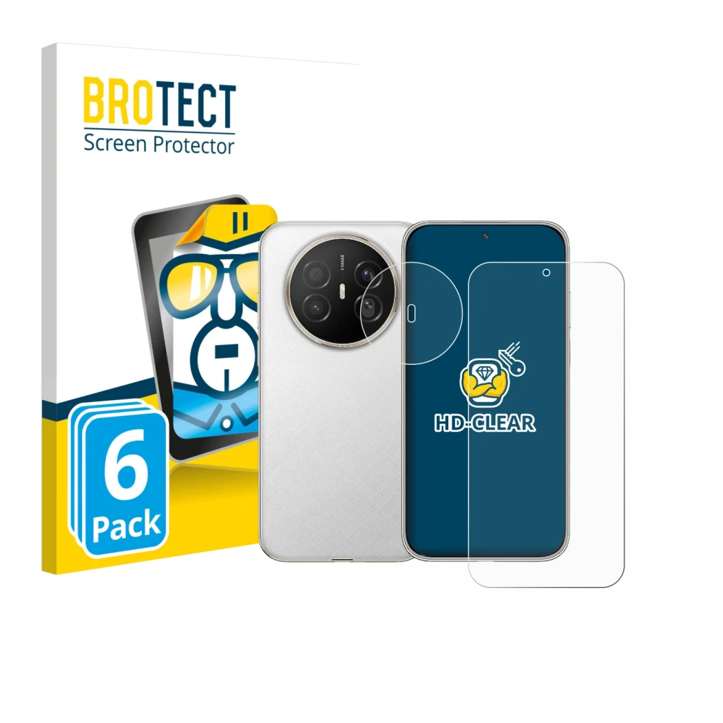 Vorderseite einer Produktverpackung mit dem Markenlogo BROTECT. Daneben ist das Gerät Huawei Mate 70 Air (Display+Kamera) mit 