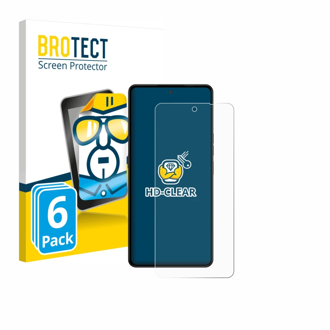 Vorderseite einer Produktverpackung mit dem Markenlogo BROTECT. Daneben ist das Gerät Gigaset GS6 mit dem zugehörigen Displays