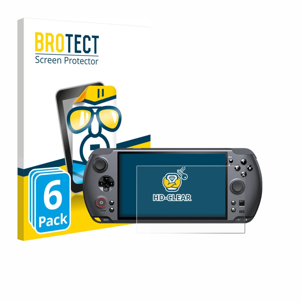 Vorderseite einer Produktverpackung mit dem Markenlogo BROTECT. Daneben ist das Gerät GPD Win 5 mit dem zugehörigen Displaysch