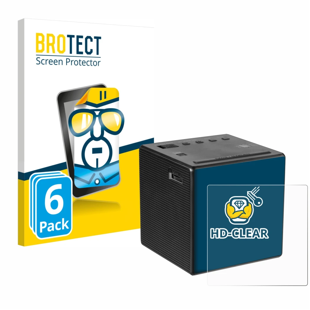 Vorderseite einer Produktverpackung mit dem Markenlogo BROTECT. Daneben ist das Gerät Sony ICF-C1 mit dem zugehörigen Displays