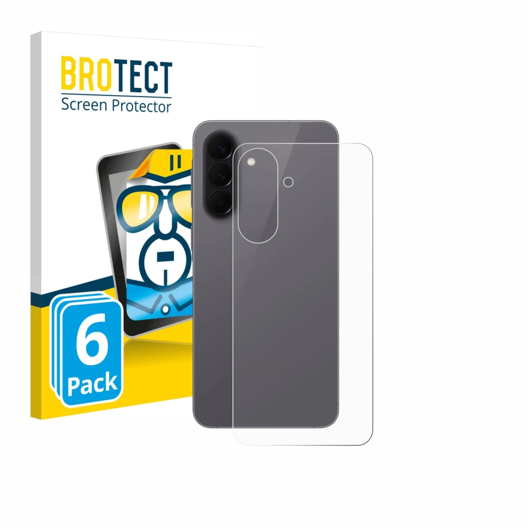 Vorderseite einer Produktverpackung mit dem Markenlogo BROTECT. Daneben ist das Gerät Samsung Galaxy A57 5G (Rückseite) mit de