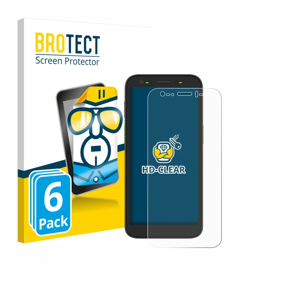 Vorderseite einer Produktverpackung mit dem Markenlogo BROTECT. Daneben ist das Gerät Zebra TC501 mit dem zugehörigen Displays