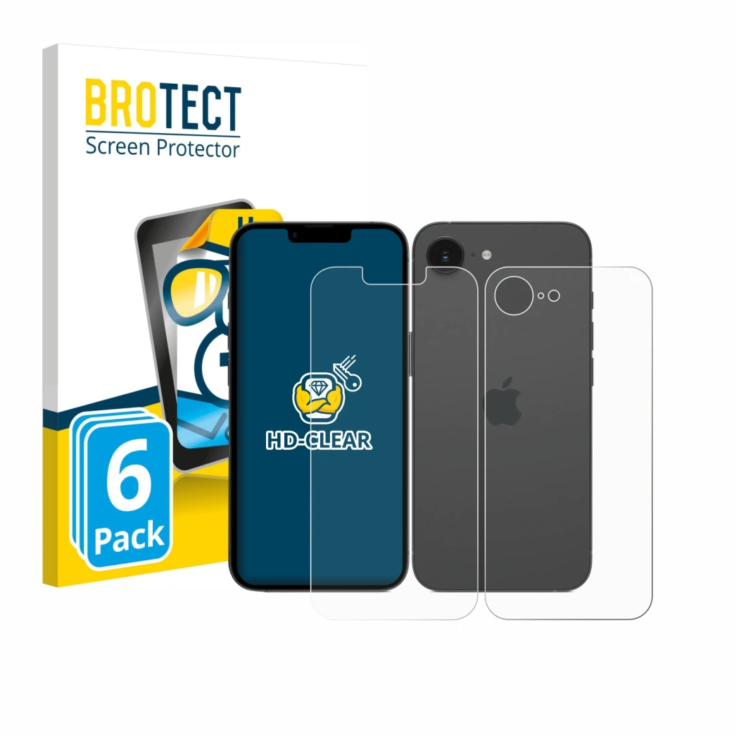 Vorderseite einer Produktverpackung mit dem Markenlogo BROTECT. Daneben ist das Gerät Apple iPhone 17e (Display+Rückseite) mit