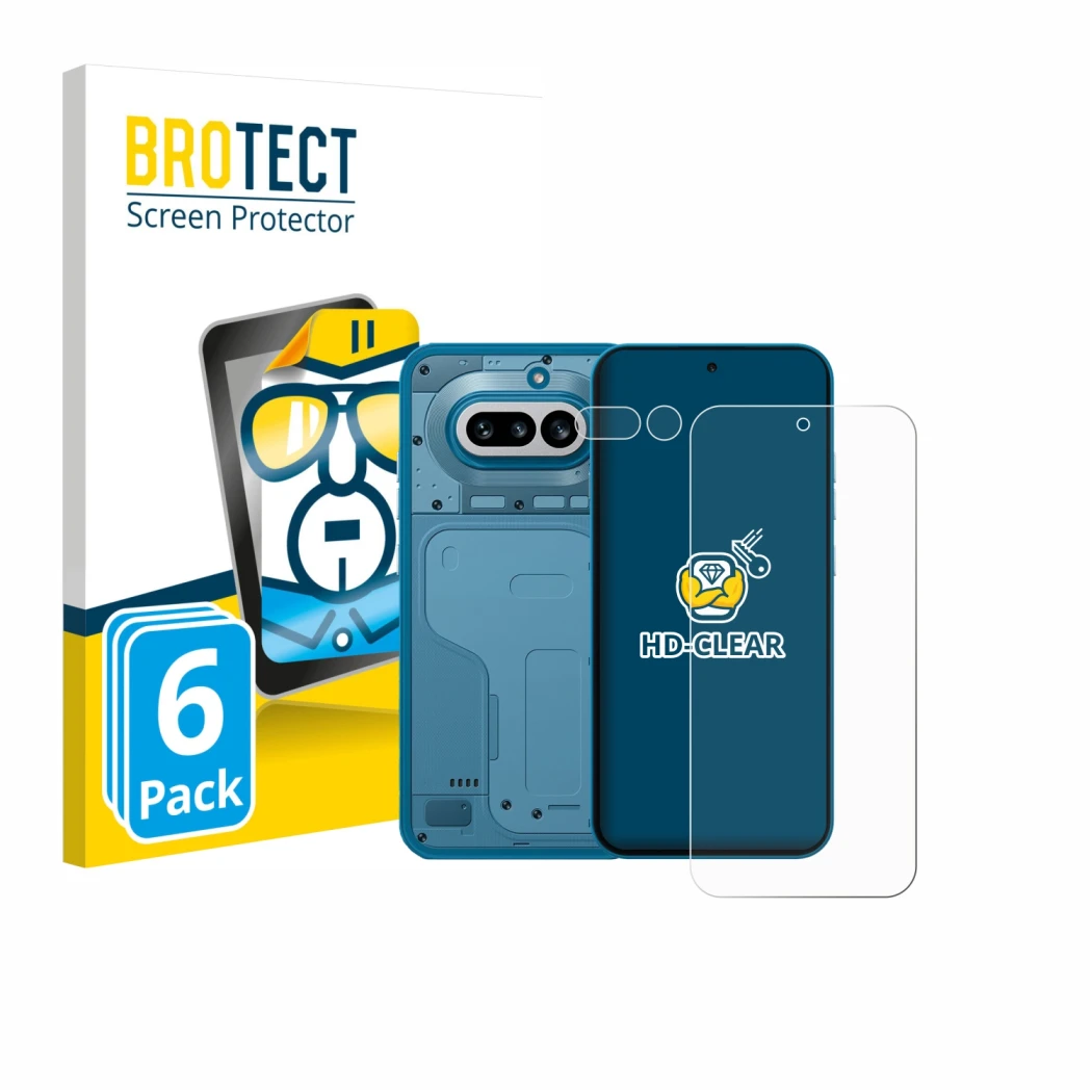 Vorderseite einer Produktverpackung mit dem Markenlogo BROTECT. Daneben ist das Gerät Nothing Phone (4a) (Display+Kamera) mit 