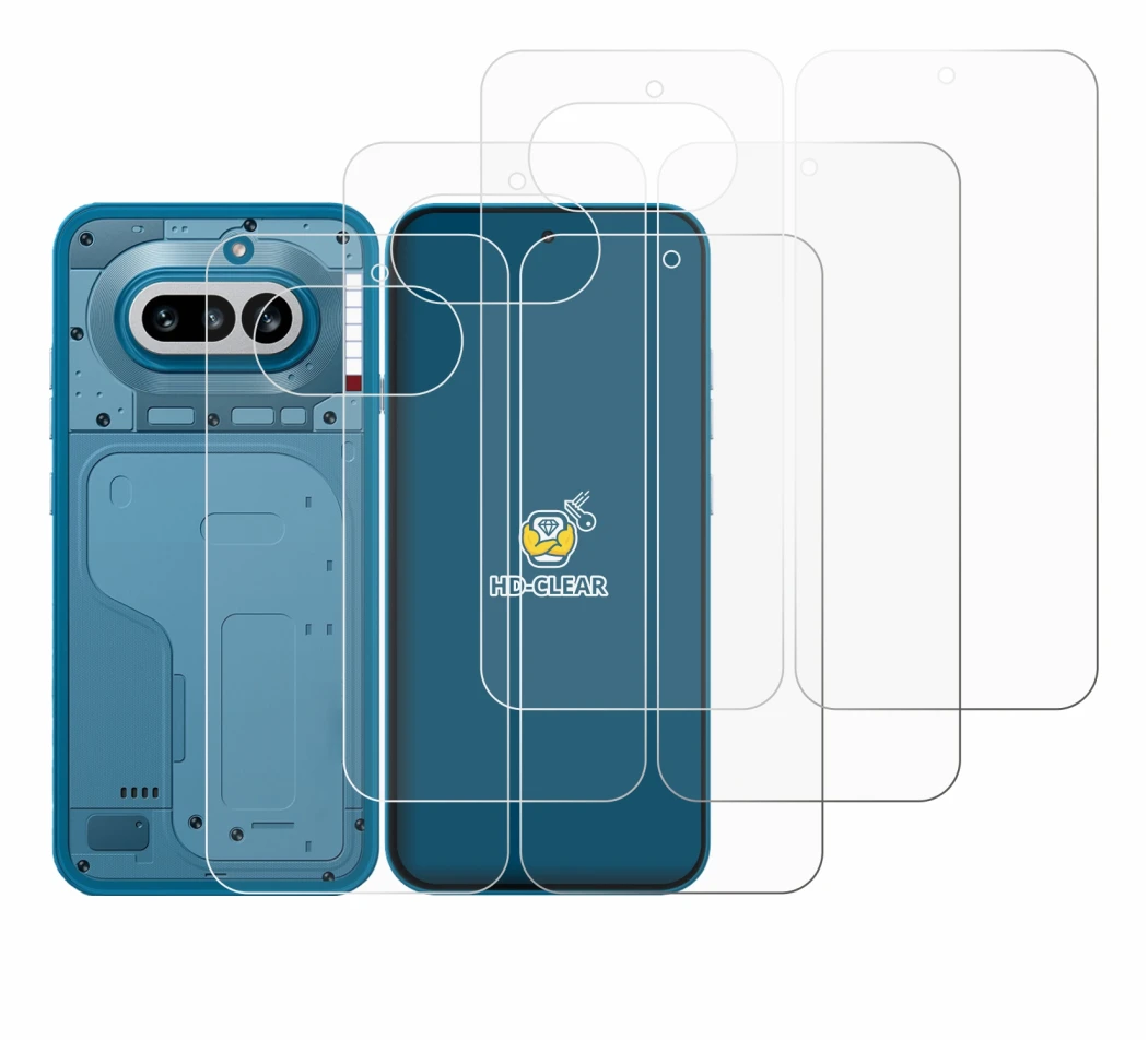 Abbildung des Geräts Nothing Phone (4a) (Display+Rückseite) mit einer Vielzahl des Displayschutzes.