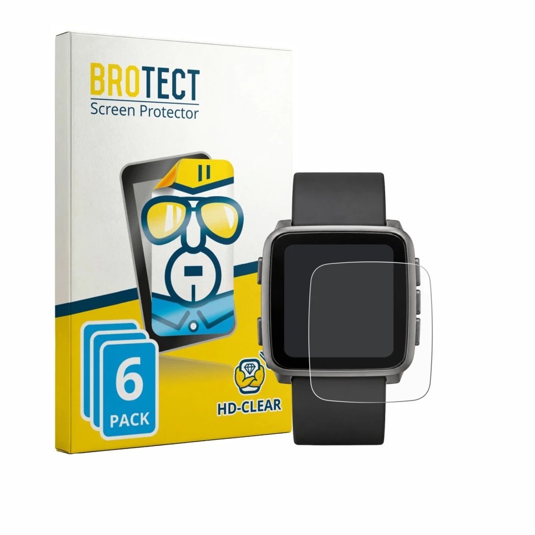 Vorderseite einer Produktverpackung mit dem Markenlogo BROTECT. Daneben ist das Gerät Pebble Time 2 2026 mit dem zugehörigen D