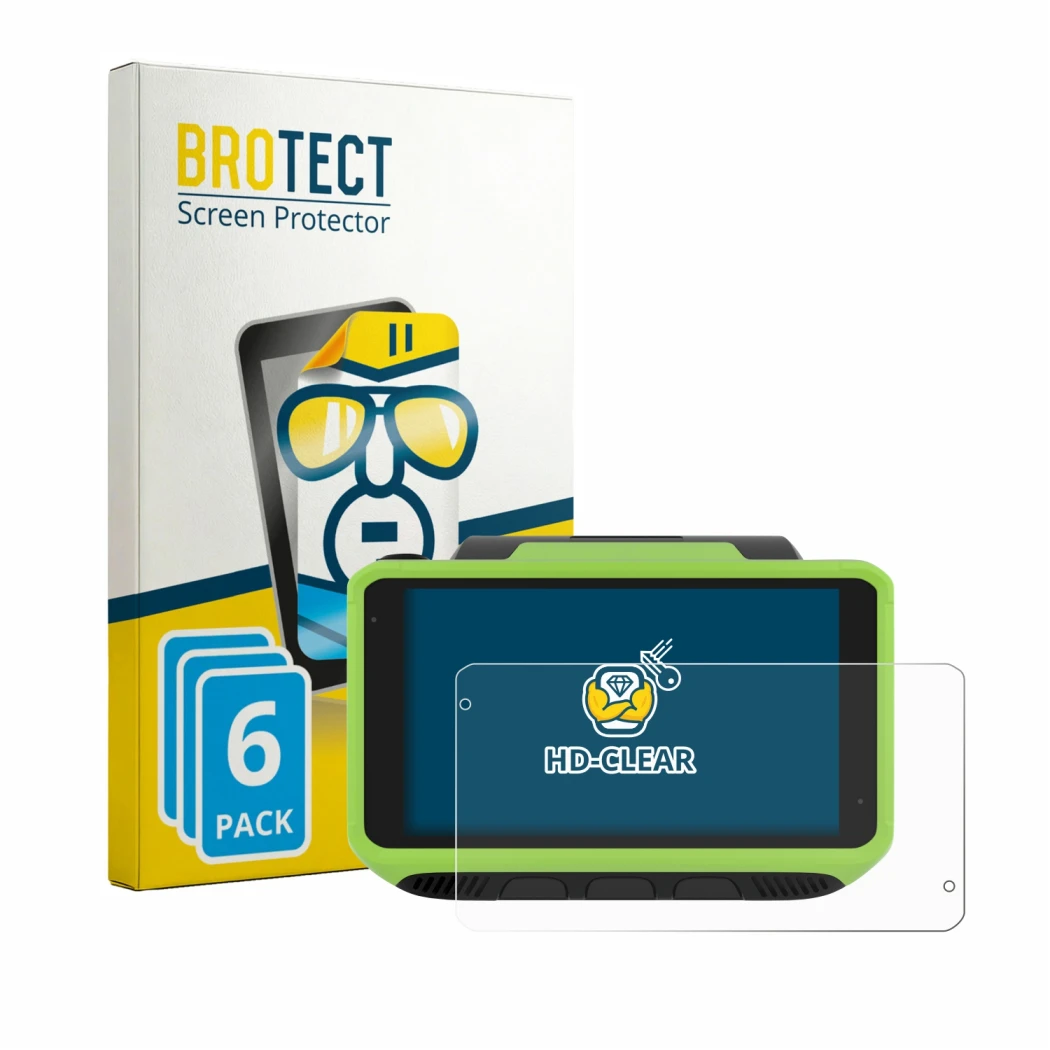 Vorderseite einer Produktverpackung mit dem Markenlogo BROTECT. Daneben ist das Gerät Zebra WT6400 mit dem zugehörigen Display