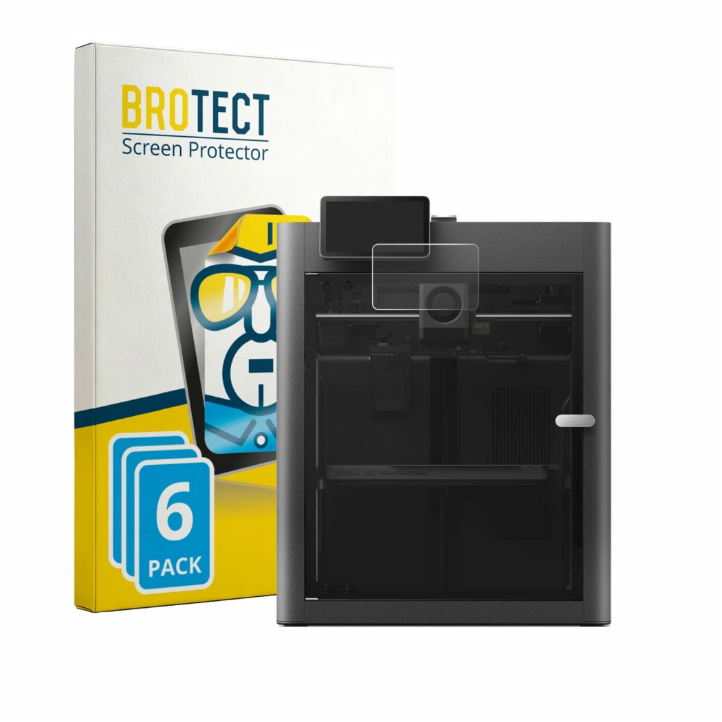 Vorderseite einer Produktverpackung mit dem Markenlogo BROTECT. Daneben ist das Gerät Bambu Lab X2D mit dem zugehörigen Displa