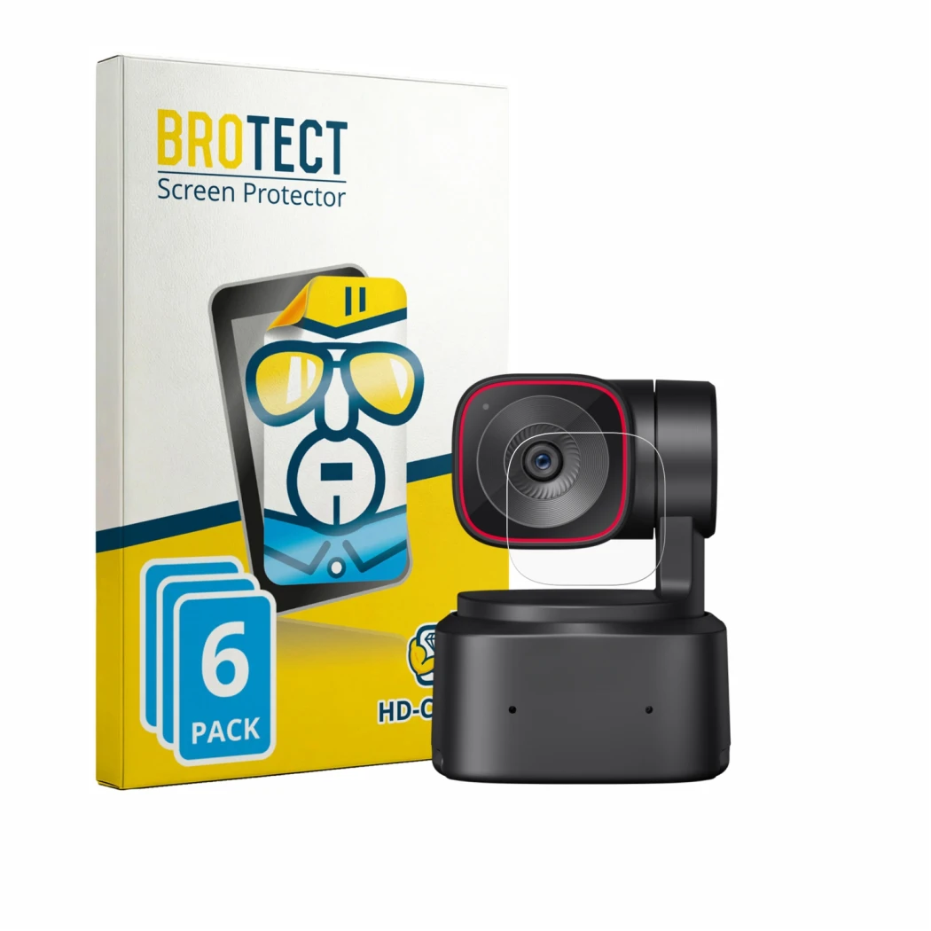 Vorderseite einer Produktverpackung mit dem Markenlogo BROTECT. Daneben ist das Gerät OBSBOT Tiny 2 Lite mit dem zugehörigen D