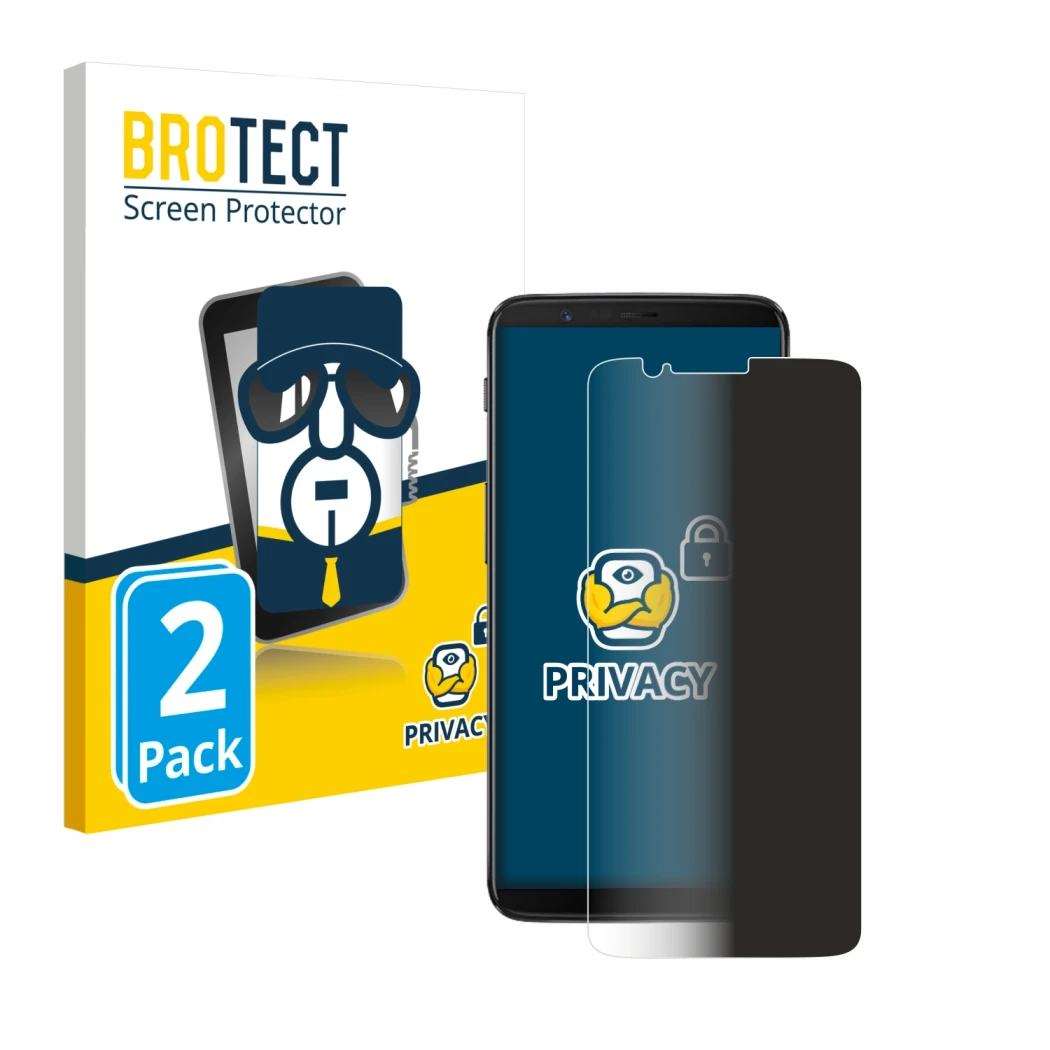 Vorderseite einer Produktverpackung mit dem Markenlogo BROTECT. Daneben ist das Gerät OnePlus 5T mit dem zugehörigen Displaysc