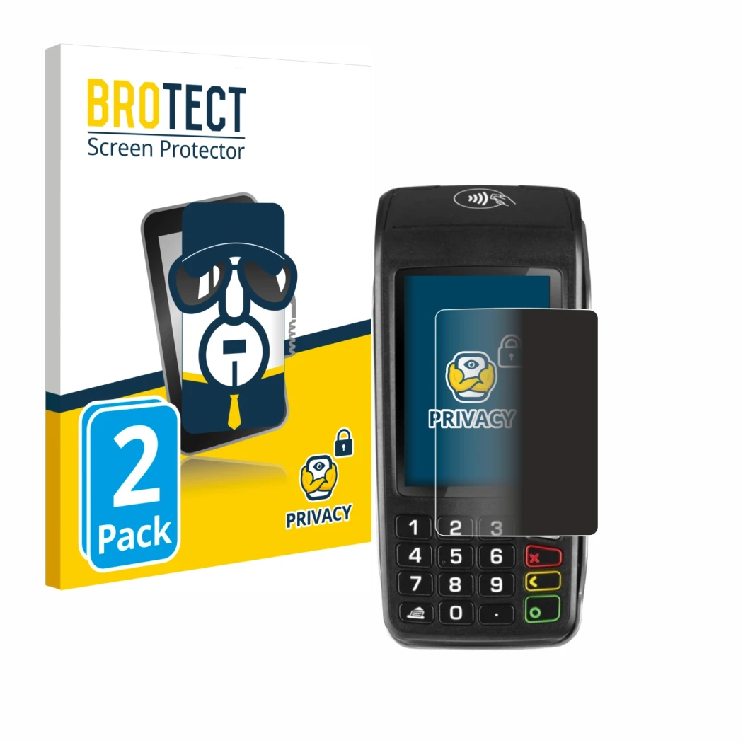 Vorderseite einer Produktverpackung mit dem Markenlogo BROTECT. Daneben ist das Gerät ingenico Move/5000 mit dem zugehörigen D