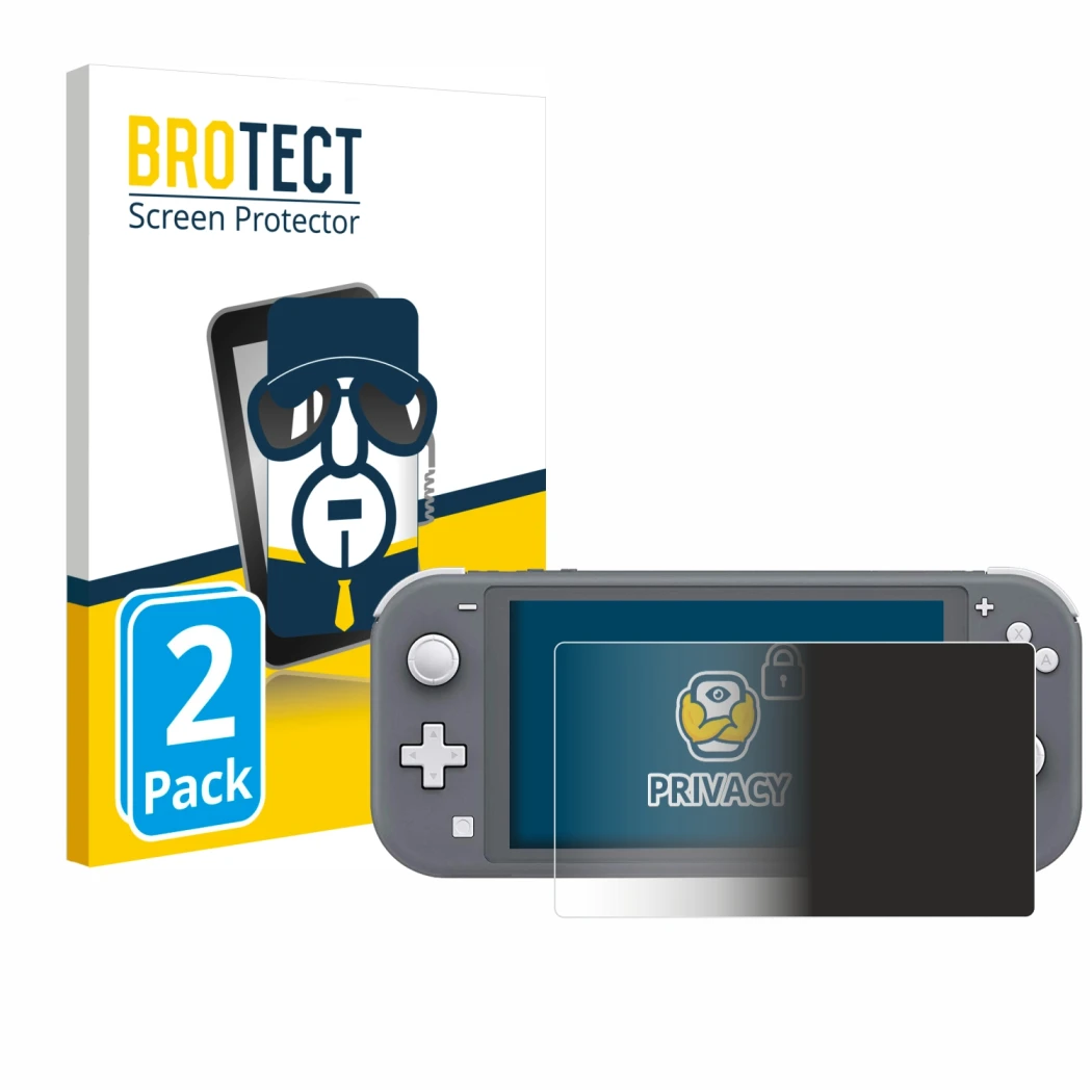 Vorderseite einer Produktverpackung mit dem Markenlogo BROTECT. Daneben ist das Gerät Nintendo Switch Lite mit dem zugehörigen