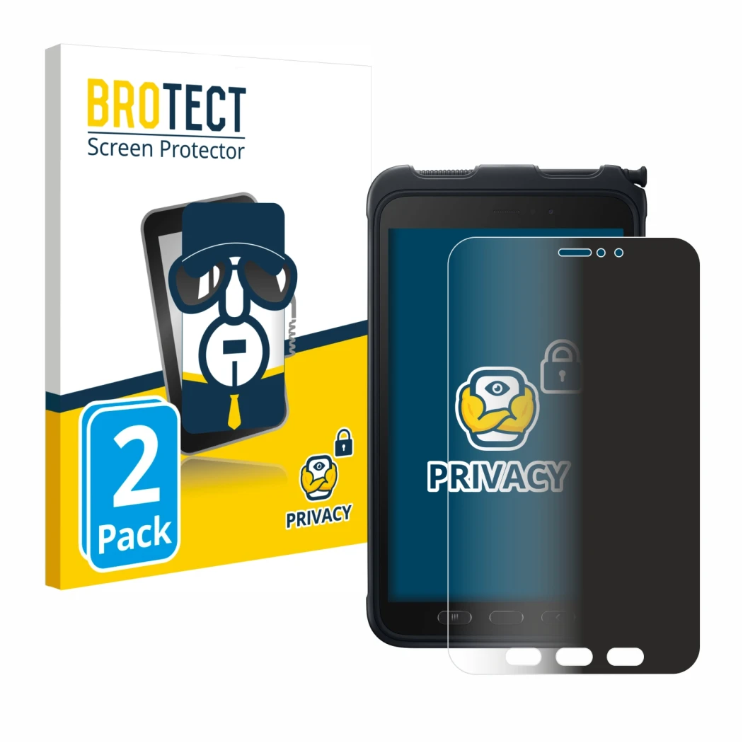 Vorderseite einer Produktverpackung mit dem Markenlogo BROTECT. Daneben ist das Gerät Samsung Galaxy Tab Active 3 mit dem zuge