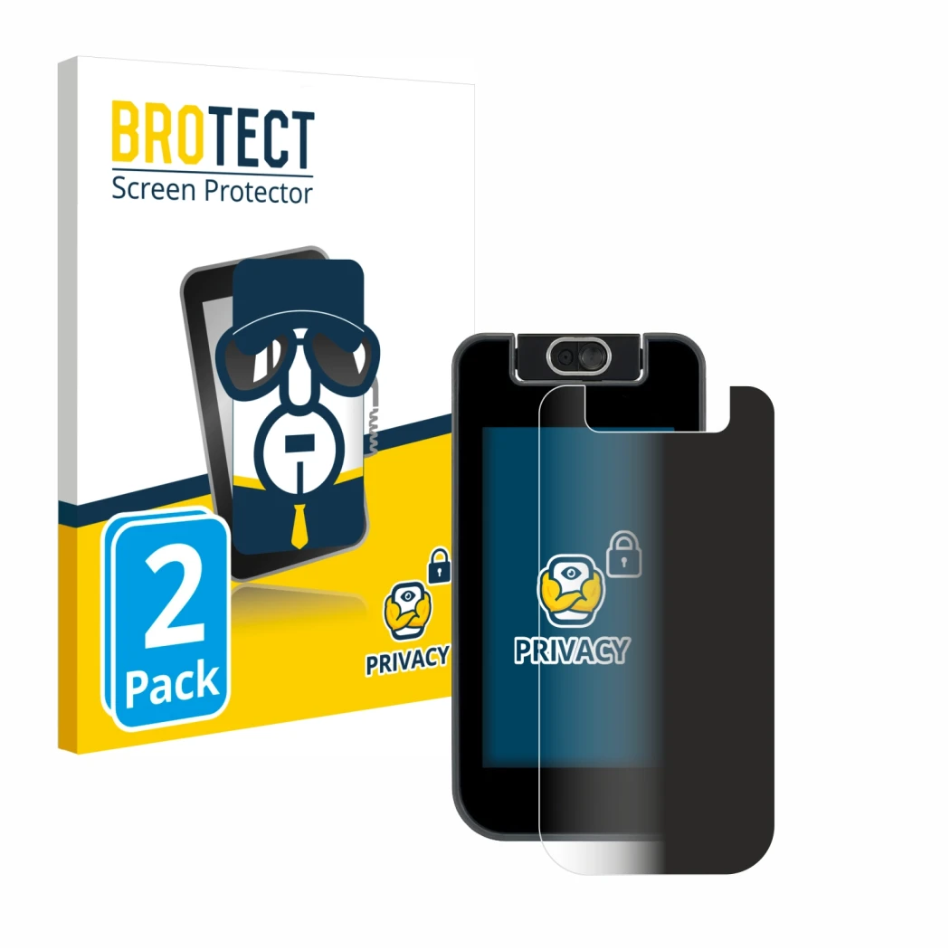 Vorderseite einer Produktverpackung mit dem Markenlogo BROTECT. Daneben ist das Gerät Vtech KidiBuzz 3 mit dem zugehörigen Dis