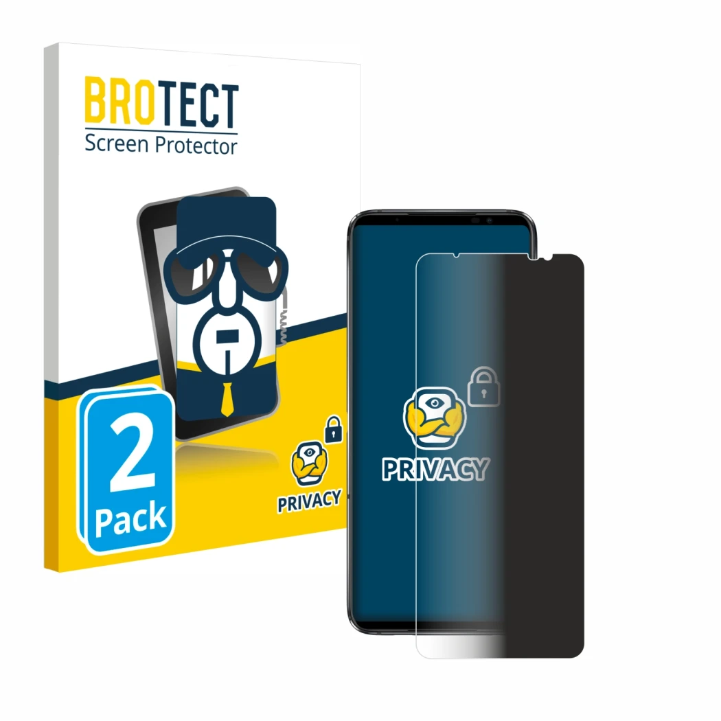 Vorderseite einer Produktverpackung mit dem Markenlogo BROTECT. Daneben ist das Gerät ASUS ROG Phone 6 Pro mit dem zugehörigen