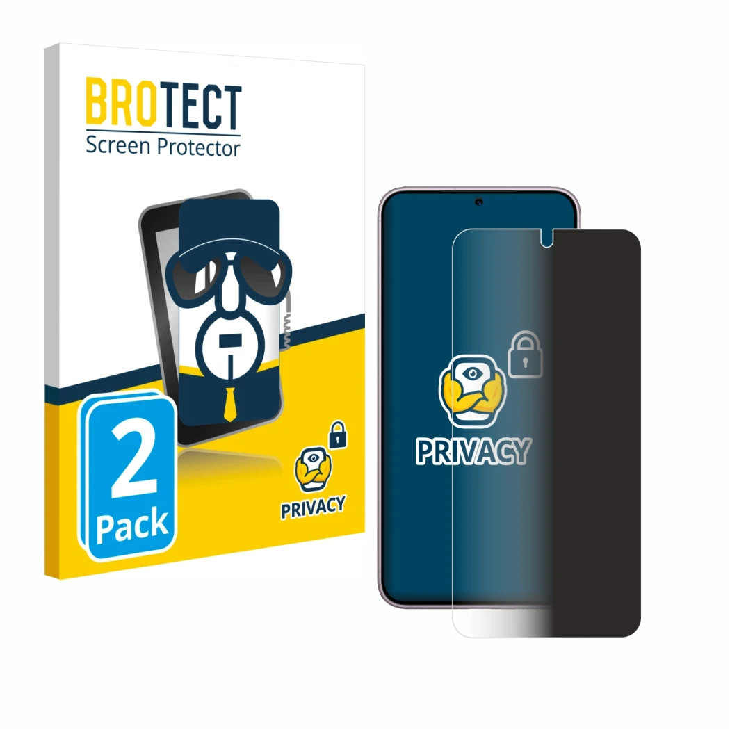 Vorderseite einer Produktverpackung mit dem Markenlogo BROTECT. Daneben ist das Gerät Samsung Galaxy S23 mit dem zugehörigen D