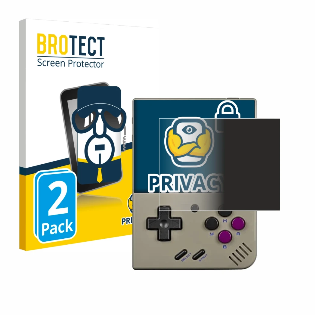 Vorderseite einer Produktverpackung mit dem Markenlogo BROTECT. Daneben ist das Gerät Miyoo Mini Plus mit dem zugehörigen Disp