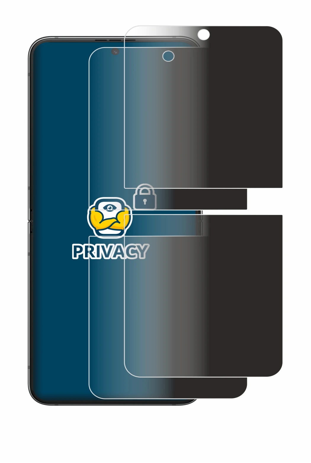 Abbildung des Geräts Samsung Galaxy Z Flip 5 mit einer Vielzahl des Displayschutzes.