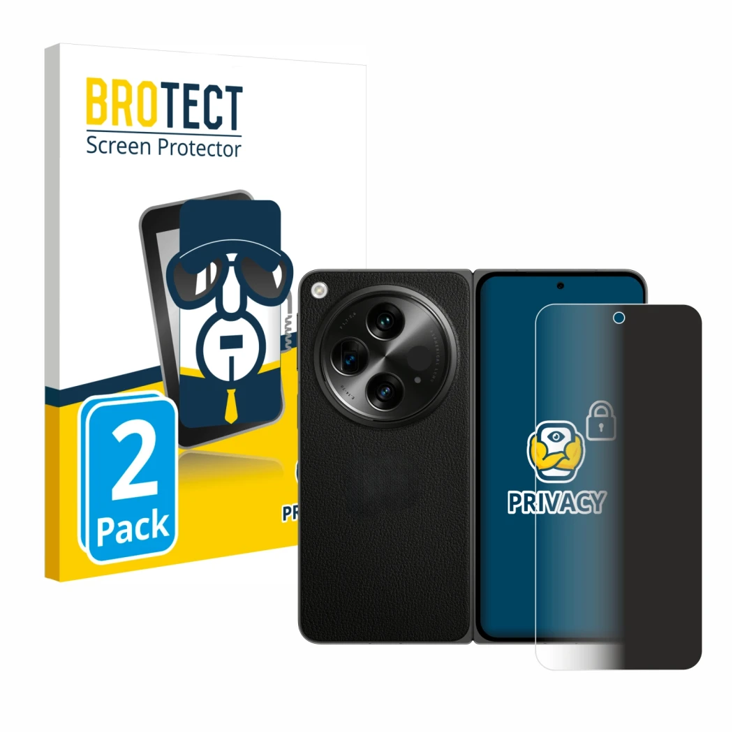 Vorderseite einer Produktverpackung mit dem Markenlogo BROTECT. Daneben ist das Gerät OnePlus Open mit dem zugehörigen Display