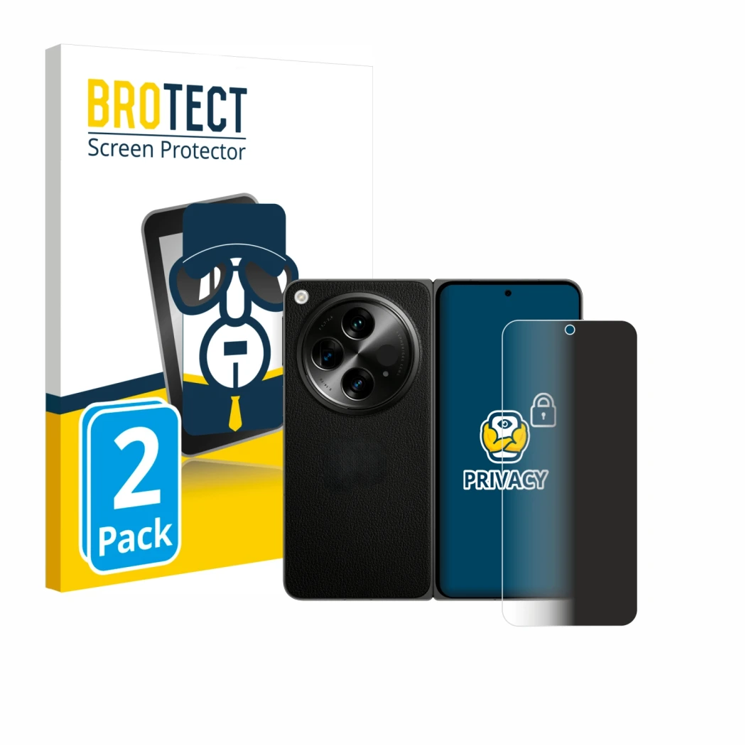 Vorderseite einer Produktverpackung mit dem Markenlogo BROTECT. Daneben ist das Gerät OnePlus Open (case-friendly) mit dem zug