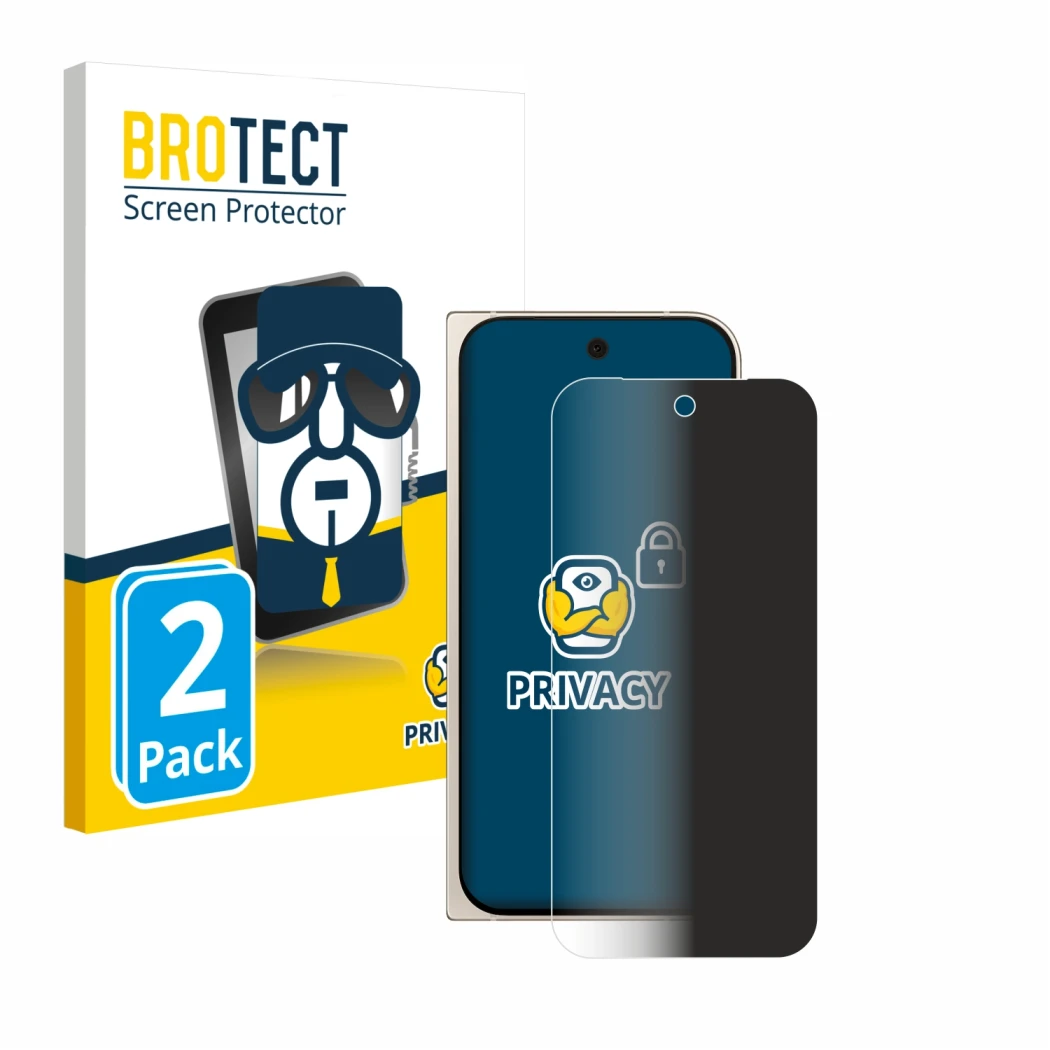 Vorderseite einer Produktverpackung mit dem Markenlogo BROTECT. Daneben ist das Gerät Google Pixel 9 Pro Fold mit dem zugehöri