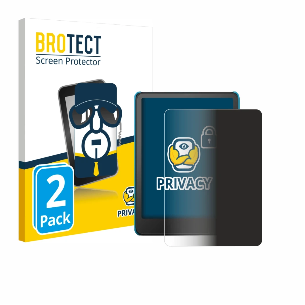 Vorderseite einer Produktverpackung mit dem Markenlogo BROTECT. Daneben ist das Gerät Amazon Kindle Paperwhite Kids 2024 mit d