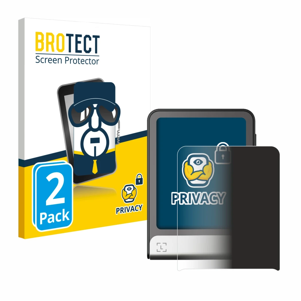Vorderseite einer Produktverpackung mit dem Markenlogo BROTECT. Daneben ist das Gerät Ledger Flex mit dem zugehörigen Displays