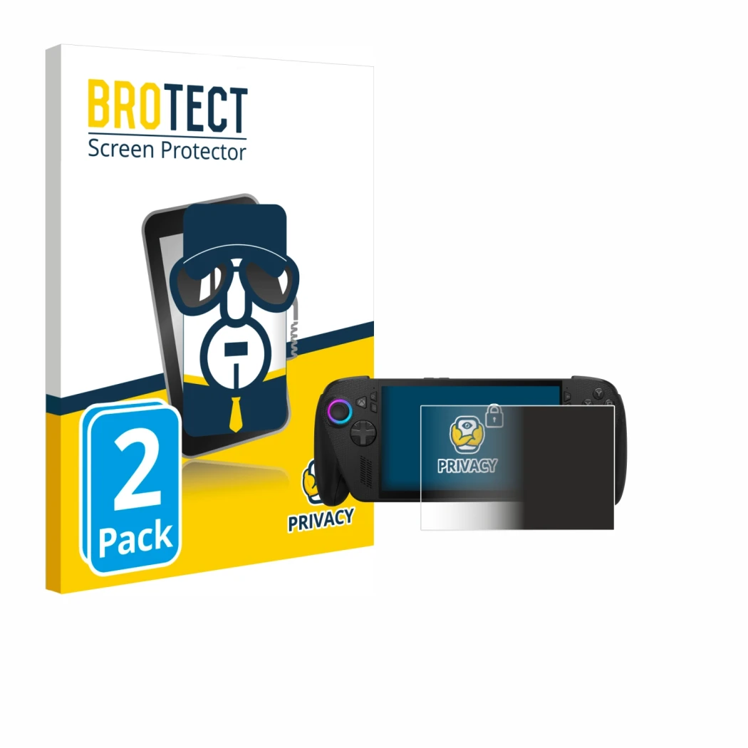 Vorderseite einer Produktverpackung mit dem Markenlogo BROTECT. Daneben ist das Gerät ASUS ROG Ally X 2025 mit dem zugehörigen