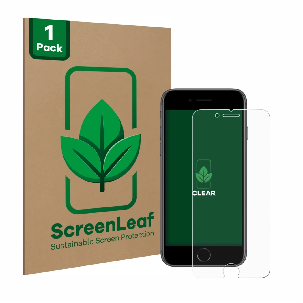 Vorderseite einer Produktverpackung mit dem Markenlogo ScreenLeaf. Daneben ist das Gerät Apple iPhone 8 mit dem zugehörigen Di