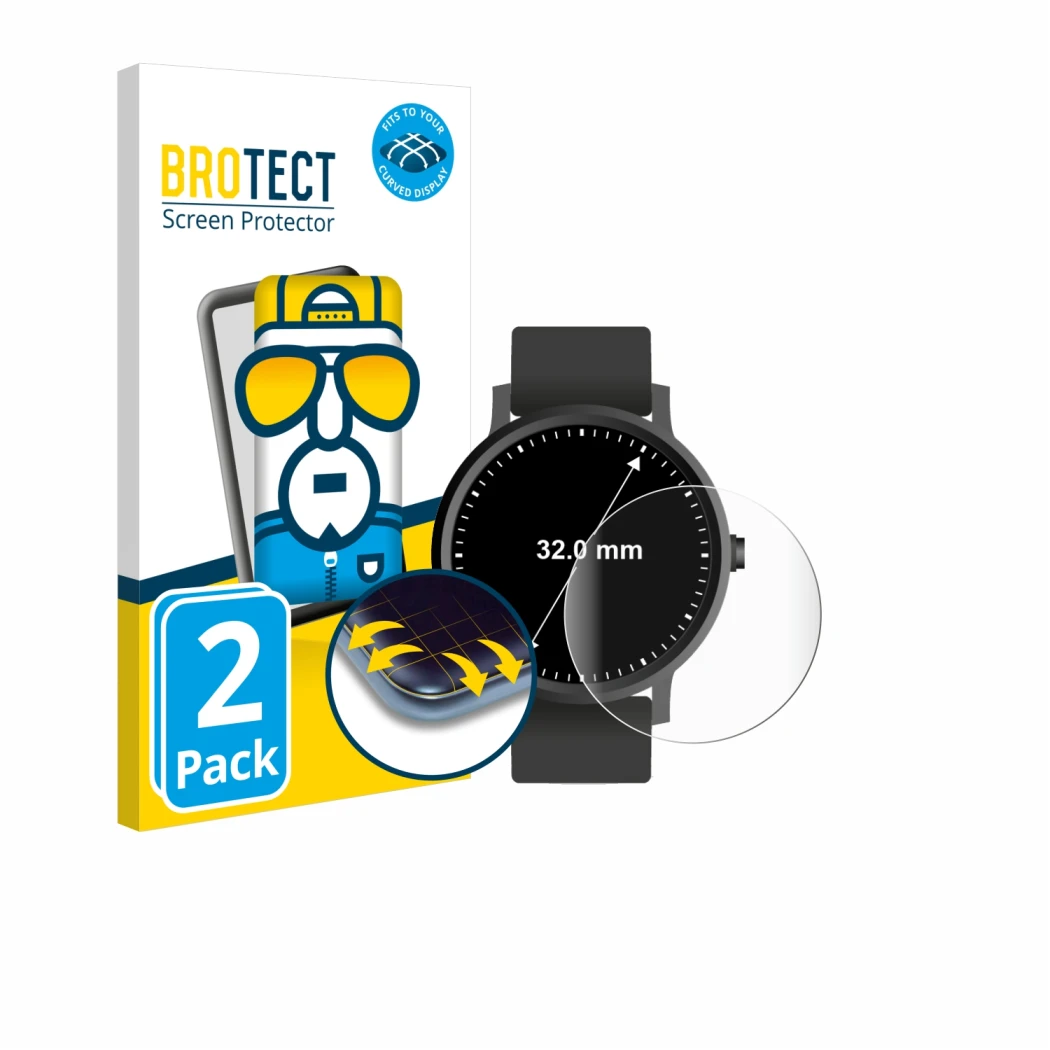 Vorderseite einer Produktverpackung mit dem Markenlogo BROTECT. Daneben ist das Gerät Armbanduhren (Kreisrund, ø: 32 mm) mit d