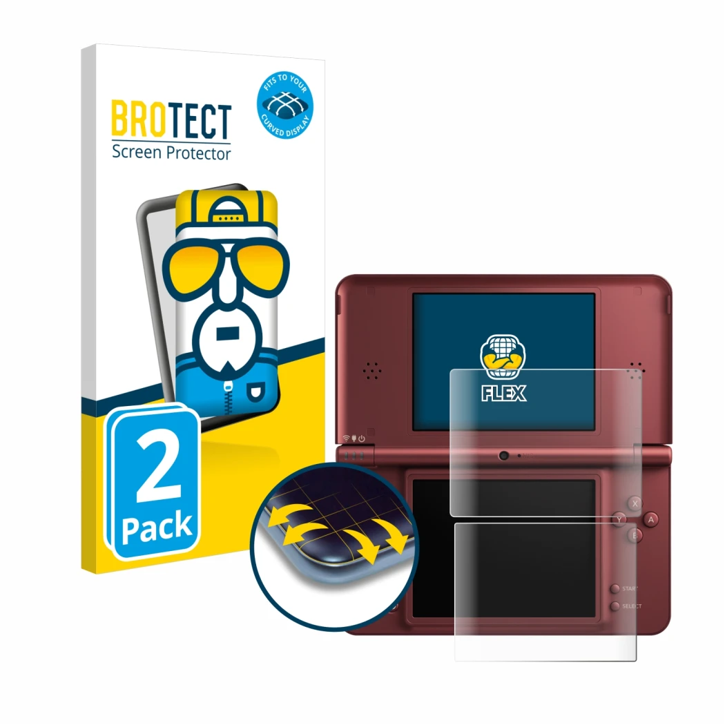 Vorderseite einer Produktverpackung mit dem Markenlogo BROTECT. Daneben ist das Gerät Nintendo DSi XL mit dem zugehörigen Disp