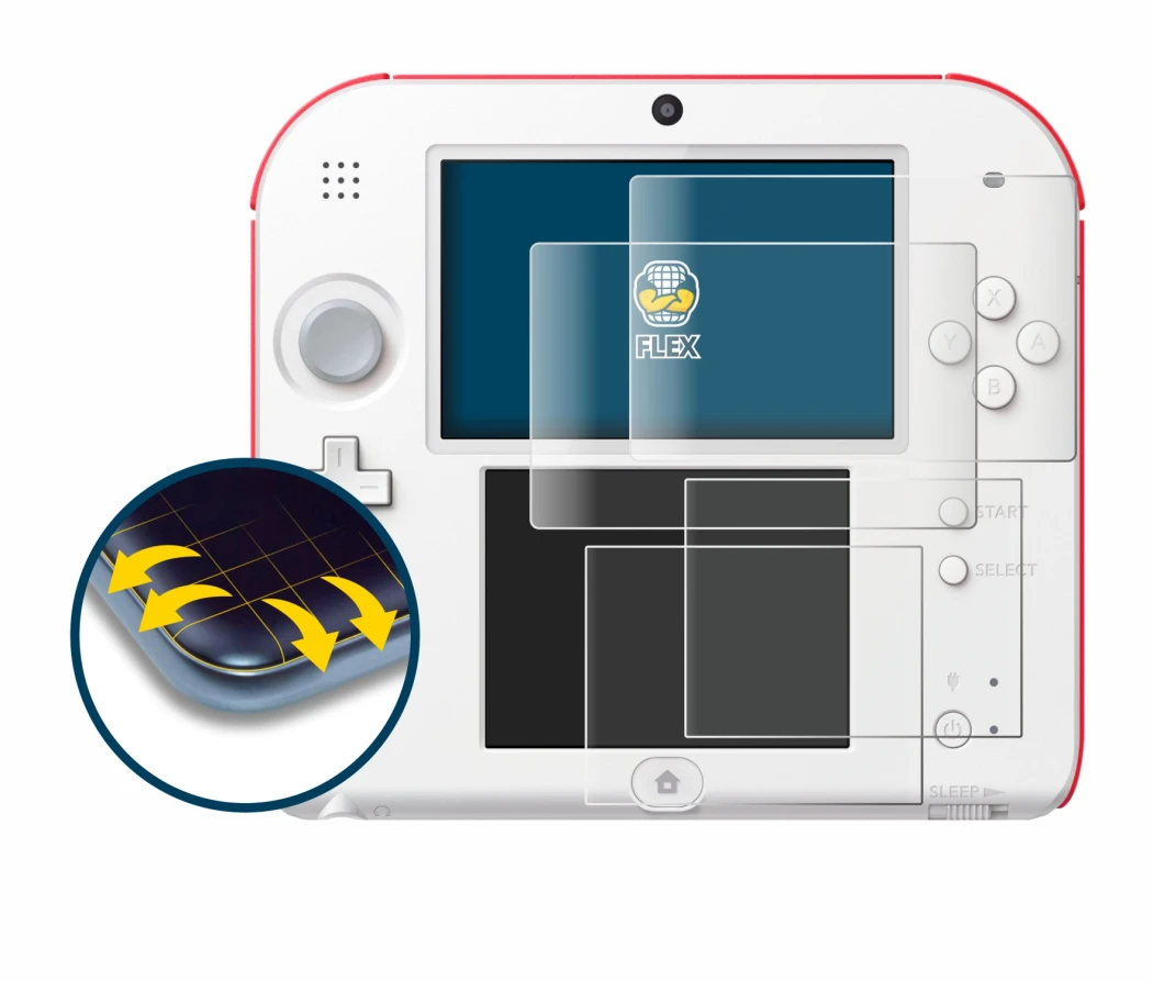 Abbildung des Geräts Nintendo 2DS mit einer Vielzahl des Displayschutzes.