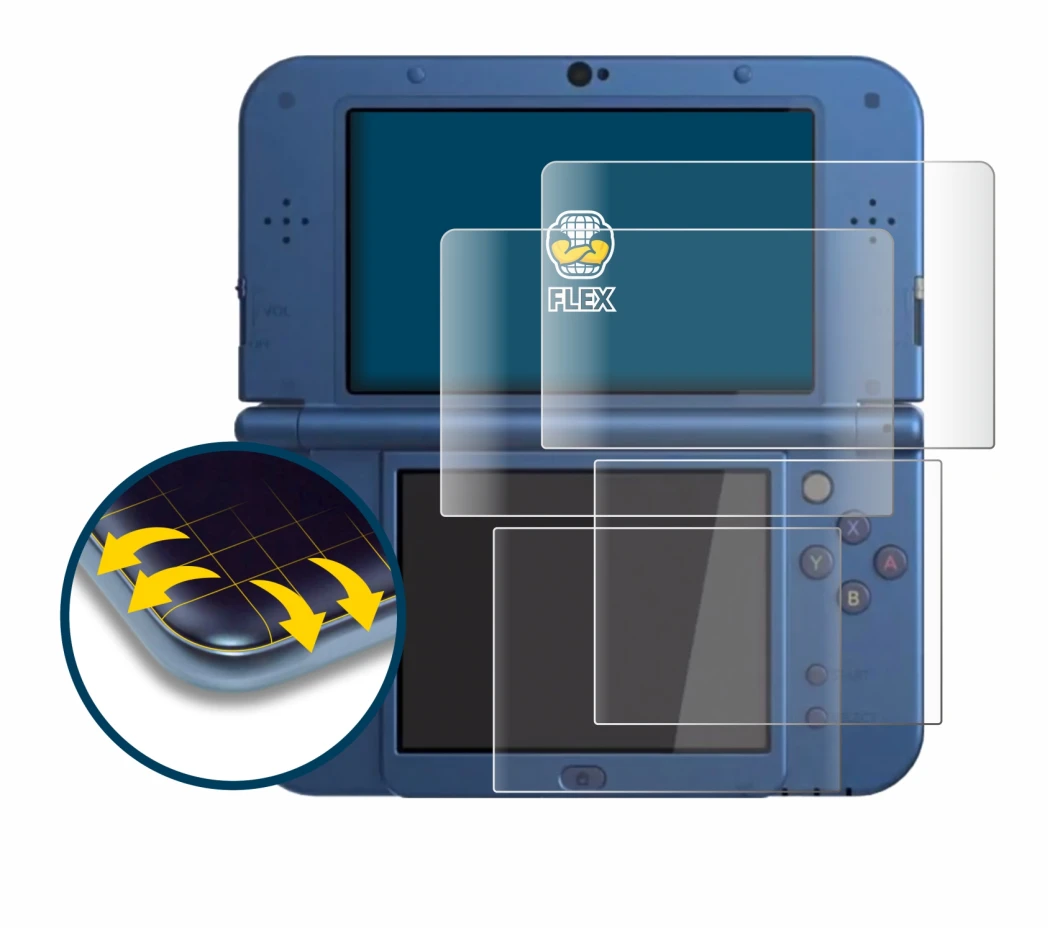 Abbildung des Geräts Nintendo New 3DS XL mit einer Vielzahl des Displayschutzes.