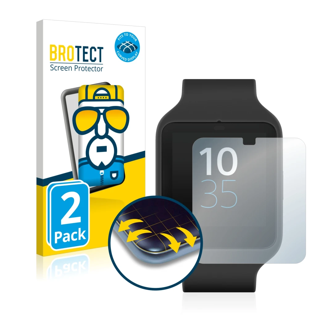 Vorderseite einer Produktverpackung mit dem Markenlogo BROTECT. Daneben ist das Gerät Sony Smartwatch 3 SWR50 mit dem zugehöri
