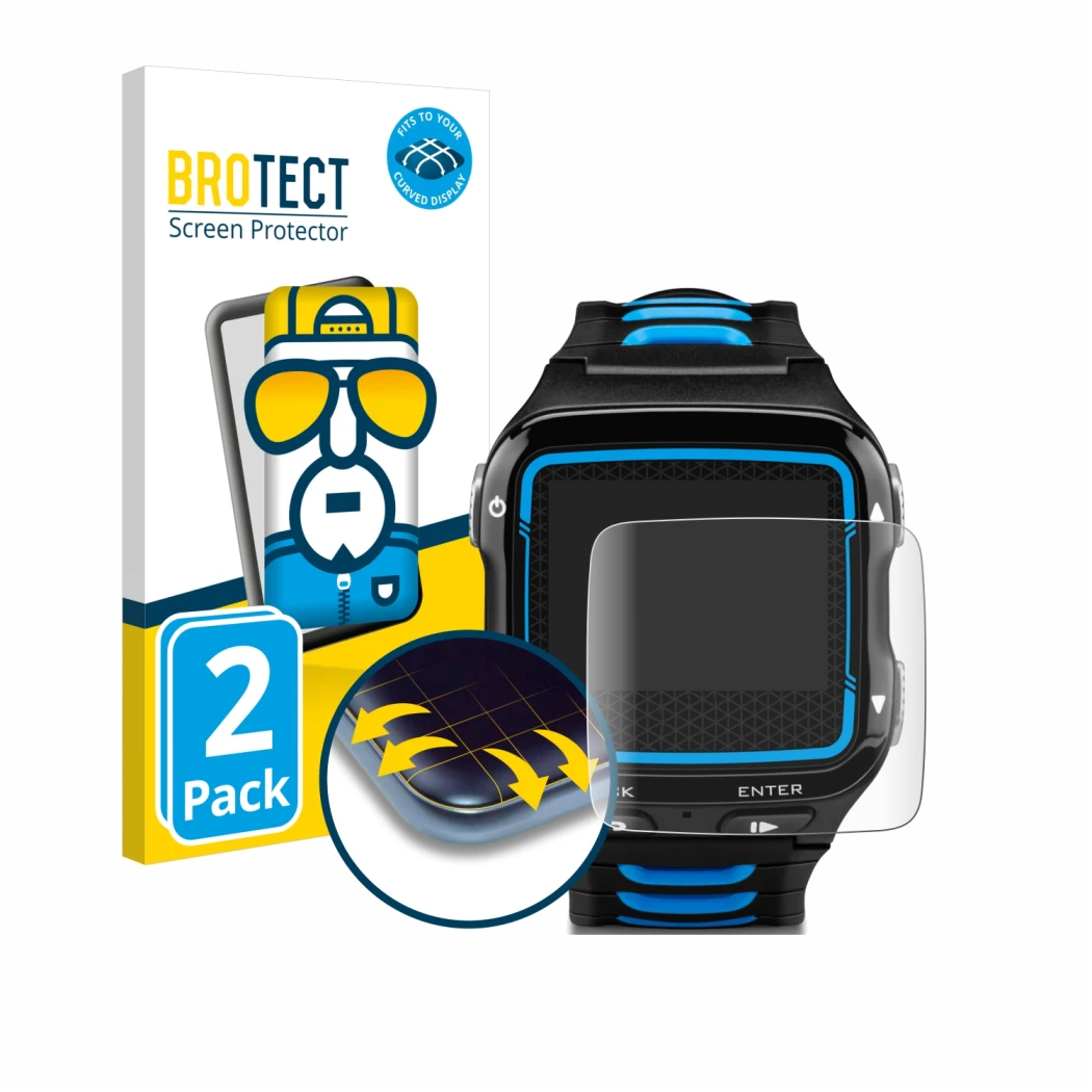 Vorderseite einer Produktverpackung mit dem Markenlogo BROTECT. Daneben ist das Gerät Garmin Forerunner 920XT mit dem zugehöri