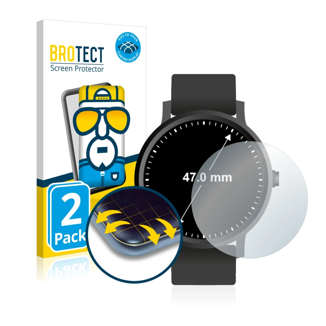 Vorderseite einer Produktverpackung mit dem Markenlogo BROTECT. Daneben ist das Gerät Armbanduhren (Kreisrund, ø: 47 mm) mit d