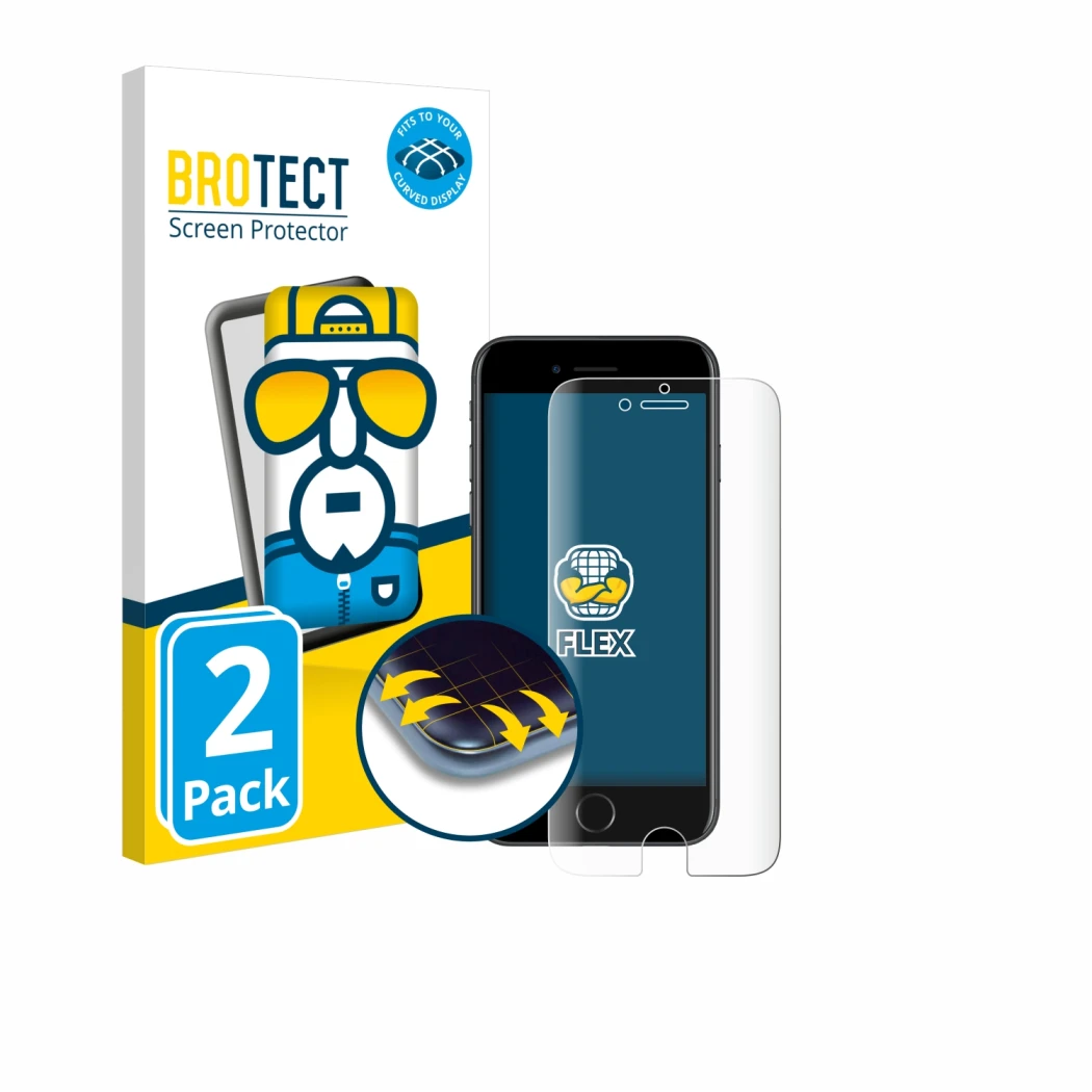 Vorderseite einer Produktverpackung mit dem Markenlogo BROTECT. Daneben ist das Gerät Apple iPhone 7 mit dem zugehörigen Displ