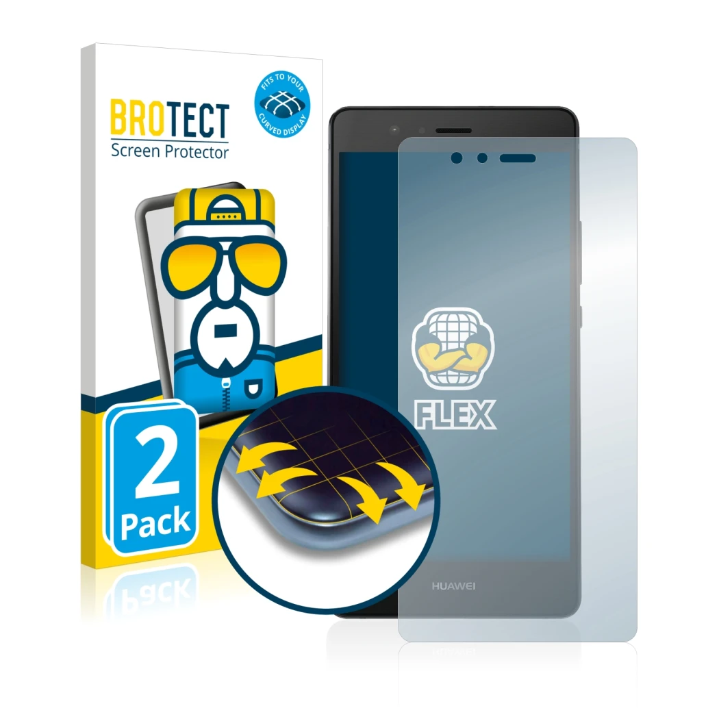 Vorderseite einer Produktverpackung mit dem Markenlogo BROTECT. Daneben ist das Gerät Huawei P9 mit dem zugehörigen Displaysch