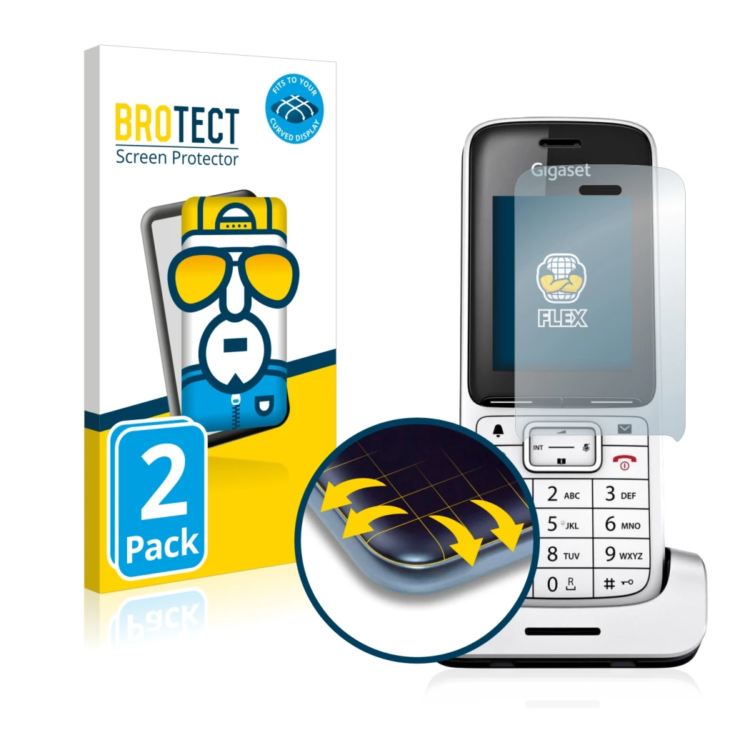 Vorderseite einer Produktverpackung mit dem Markenlogo BROTECT. Daneben ist das Gerät Gigaset SL450HX mit dem zugehörigen Disp