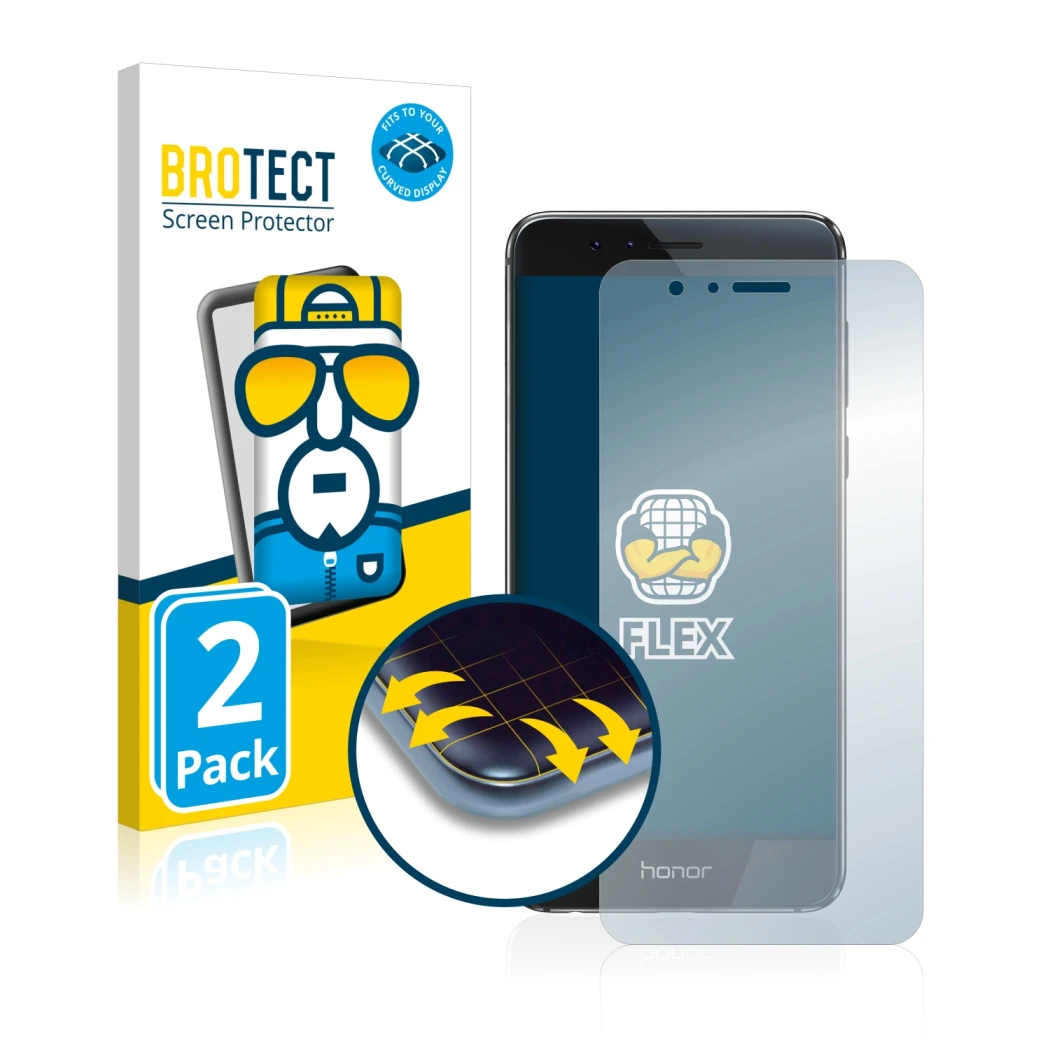 Vorderseite einer Produktverpackung mit dem Markenlogo BROTECT. Daneben ist das Gerät Honor 8 mit dem zugehörigen Displayschut