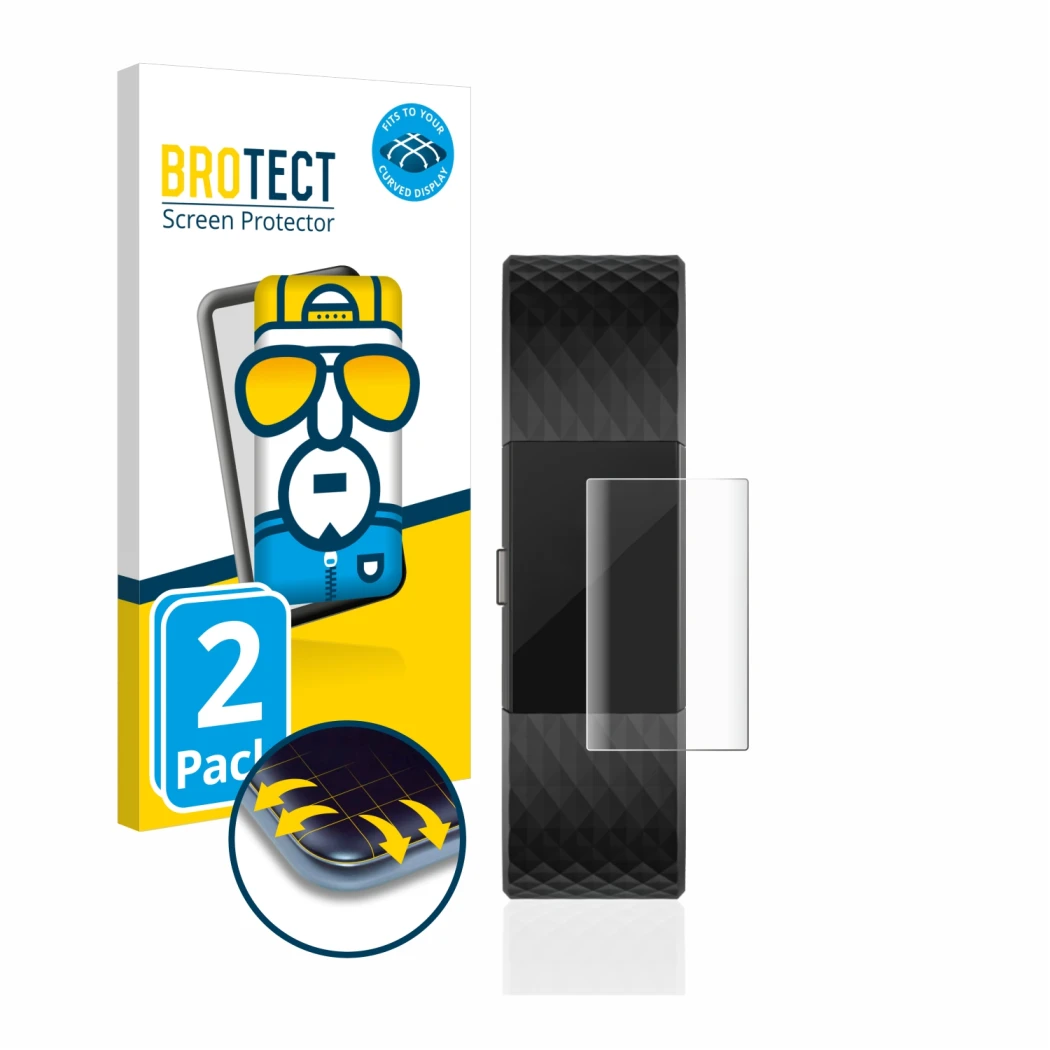 Vorderseite einer Produktverpackung mit dem Markenlogo BROTECT. Daneben ist das Gerät Fitbit Charge 2 mit dem zugehörigen Disp